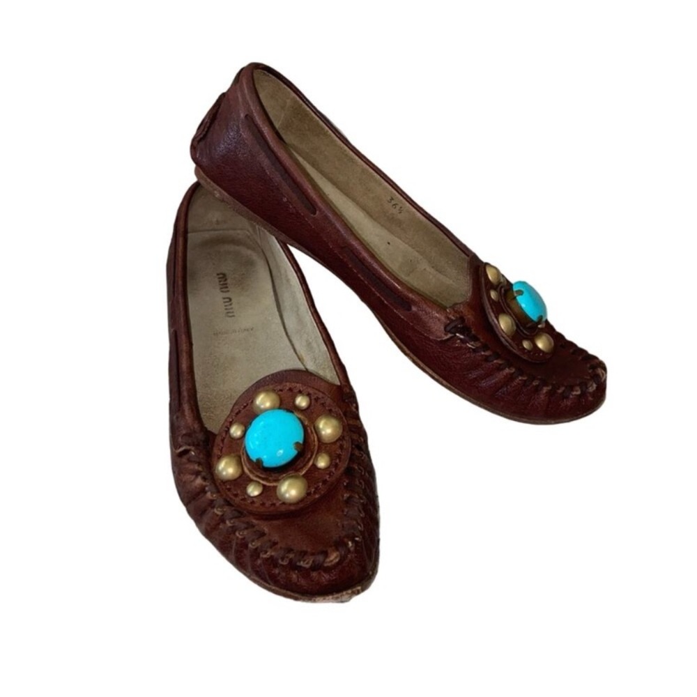 MIU MIU By PRADA Brown Leather Flats with Turquoise Accents